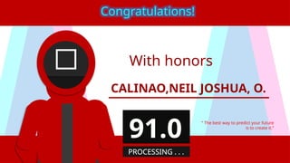 With honors
CALINAO,NEIL JOSHUA, O.
“ The best way to predict your future
is to create it.”
Congratulations!
91.0
PROCESSING . . .
 
