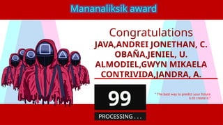 JAVA,ANDREI JONETHAN, C.
OBAÑA,JENIEL, U.
ALMODIEL,GWYN MIKAELA
CONTRIVIDA,JANDRA, A.
“ The best way to predict your future
is to create it.”
Mananaliksik award
99
PROCESSING . . .
Congratulations
 