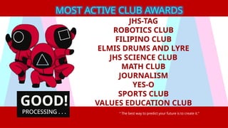 JHS-TAG
ROBOTICS CLUB
FILIPINO CLUB
ELMIS DRUMS AND LYRE
JHS SCIENCE CLUB
MATH CLUB
JOURNALISM
YES-O
SPORTS CLUB
VALUES EDUCATION CLUB
“ The best way to predict your future is to create it.”
MOST ACTIVE CLUB AWARDS
GOOD!
PROCESSING . . .
 
