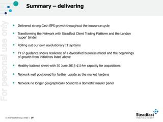 © 2016 Steadfast Group Limited | 29
Summary – delivering
 Delivered strong Cash EPS growth throughout the insurance cycle
 Transforming the Network with Steadfast Client Trading Platform and the London
‘super’ binder
 Rolling out our own revolutionary IT systems
 FY17 guidance shows resilience of a diversified business model and the beginnings
of growth from initiatives listed above
 Healthy balance sheet with 30 June 2016 $114m capacity for acquisitions
 Network well positioned for further upside as the market hardens
 Network no longer geographically bound to a domestic insurer panel
Forpersonaluseonly
 