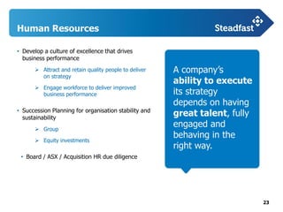 23
Human Resources
• Develop a culture of excellence that drives
business performance
 Attract and retain quality people to deliver
on strategy
 Engage workforce to deliver improved
business performance
• Succession Planning for organisation stability and
sustainability
 Group
 Equity investments
• Board / ASX / Acquisition HR due diligence
A company’s
ability to execute
its strategy
depends on having
great talent, fully
engaged and
behaving in the
right way.
 