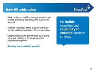 24
How HR adds value
• Work performed by HR is strategic in nature and
creates a structure that allows the business to
succeed
• Intimate knowledge of the business’s strategy
and the existing capabilities of the organization
• Organisations can lift performance by focusing
on people. Failing to do so will leave the
organisation exposed
• Strategy is executed by people!
HR builds
organizational
capability to
execute business
strategy
 