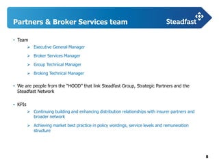 8
Partners & Broker Services team
• Team
 Executive General Manager
 Broker Services Manager
 Group Technical Manager
 Broking Technical Manager
• We are people from the “HOOD” that link Steadfast Group, Strategic Partners and the
Steadfast Network
• KPIs
 Continuing building and enhancing distribution relationships with insurer partners and
broader network
 Achieving market best practice in policy wordings, service levels and remuneration
structure
 