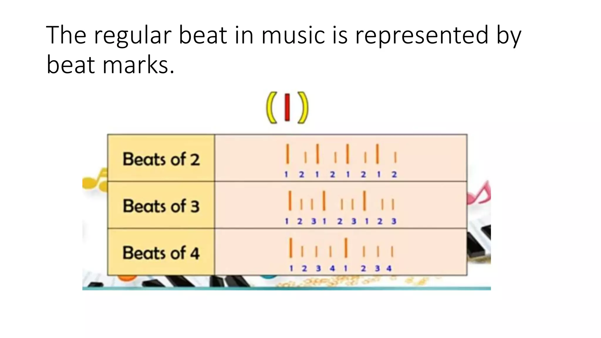 The regular beat in music is represented by
beat marks.