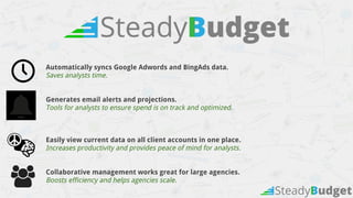 Automatically syncs Google Adwords and BingAds data.
Saves analysts time.
Generates email alerts and projections.
Tools for analysts to ensure spend is on track and optimized.
Easily view current data on all client accounts in one place.
Increases productivity and provides peace of mind for analysts.
Collaborative management works great for large agencies.
Boosts efficiency and helps agencies scale.
 