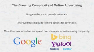 The Growing Complexity of Online Advertising
Google stalks you to provide better ads.
Improved tracking leads to more options for advertisers.
More than ever ad dollars are spread over many platforms increasing complexity.
 