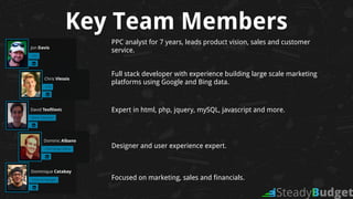 Key Team Members
PPC analyst for 7 years, leads product vision, sales and customer
service.
Full stack developer with experience building large scale marketing
platforms using Google and Bing data.
Expert in html, php, jquery, mySQL, javascript and more.
Designer and user experience expert.
Focused on marketing, sales and financials.
 