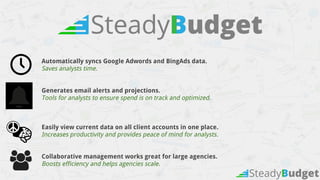 Automatically syncs Google Adwords and BingAds data.
Saves analysts time.
Generates email alerts and projections.
Tools fo...