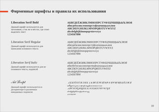 Фирменные шрифты и правила их использования
10
Liberation Serif Regular
АБВГДЕЁЖЗИКЛМНОПРСТУФХЦЧШЩЬЫЪЭЮЯ
абвгдеёжзиклмнопрстуфхцчшщьыъэюя
ABCDEFGHIJKLMNOPQRSTUVWXYZ
abcdefghijklmnopqrstuvwxyz
1234567890
Liberation Serif Bold
Art Script
Данный шрифт используется для
заголовков, а так же в местах, где стоит
выделить текст
Данный шрифт используется для
написания основного текста
Данный шрифт используется в
дескрипторе и различных
имиджевых подписях
Liberation Serif Italic
Данный шрифт используется для не
основного текста, подписей
АБВГДЕЁЖЗИКЛМНОПРСТУФХЦЧШЩЬЫЪЭЮЯ
абвгдеёжзиклмнопрстуфхцчшщьыъэюя
ABCDEFGHIJKLMNOPQRSTUVWXYZ
abcdefghijklmnopqrstuvwxyz
1234567890
АБВГДЕЁЖЗИКЛМНОПРСТУФХЦЧШЩЬЫЪЭЮЯ
абвгдеёжзиклмнопрстуфхцчшщьыъэюя
ABCDEFGHIJKLMNOPQRSTUVWXYZ
abcdefghijklmnopqrstuvwxyz
1234567890
ÀБВГДÅЁÆÇÈКЛМНÎÏÐÑТУФХЦЧШЩЬÛЪЭЮЯ
аáвгäåёæçèêлìнÿопрñòóфхцчшщьûúýþ
ABCDEFGHIJKLMNOPQRSTUV WXYZ
abcdefghijklmnopqrstuvwxyz
1234567890
 