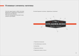 Основные элементы логотипа
Логотип представляет собой сочетание
фирменного шрифтового начертания и
оригинальной эмблемы.
Логотип подчеркивает высокий статус
клиента и ресторана.
1. Фирменная монограмма
2. Стилеобразующие элементы
3. Дескриптор
4. Фирменная подложка
5. Фирменный элемент «полоса»
4
 