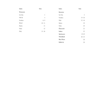 Index       Seite         Index         Seite

Weisswein                 Rotweine
e
Im Glas               1   Im Glas                   2
Sekt &                3   Franken           15 - 16
Schaumwei
Franken             4-9   Pfalz             17 - 18
Mosel -         10 - 11   Baden                    19
Saar -
Baden                11   Nahe                     20

Nahe                 12   Österreich               21

Pfalz           13 - 14   Italien                  22

                          Spirituosen           23 -25
                          Nichtalkoh        26 - 27
                          olisches
                          Bier/Wasse               28
                          r
                          Kaffee &                 29
                          Tee
 