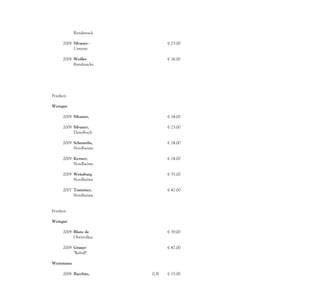 Randersack
          er Marsberg
     2009 Silvaner -            € 23.00
          Alte
          Unterm
          Turm
     2008 Weißer                € 26.00
          Burgunder
          Randesacke
          rer




Franken

Weingut
Glaser-
      2009 Silvaner,            € 14.00
           Kabinett
      2009 Silvaner,            € 23.00
           Kabinett
           Dettelbach
           er Berg-
      2009 Scheurebe,           € 24.00
           Kabinett
           Nordheime
           r Vögelein
      2009 Kerner,              € 24.00
           Kabinett
           Nordheime
           r Kreuzberg
      2009 Weissburg            € 33.00
           under
           Nordheime
           r Vögelein
      2007 Traminer,            € 47.00
           Spätlese
           Nordheime
           r Vögelein

Franken

Weingut
Glaser-
      2009 Blanc de             € 39.00
           Noir vom
           Obervolkac
           her
      2009 Grauer               € 47.00
           Burgunder
           "Rebell"
           Dettelbach
Weinmanu
faktur 3
      2008 Bacchus,      0,5l   € 15.00
           Barrique
 