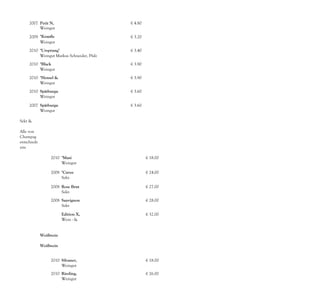 2007 Petit N,                          € 4.80
          Weingut
          Castel-
     2009 "Krauße                           € 3.20
          Schwarzer"
          Weingut
          Lukas
     2010 "Ursprung"                        € 3.40
          , Cuvee Markus Schneider, Pfalz
          Weingut
      2010 "Black                           € 3.90
            Print",
            Weingut
            Markus
      2010 "Hensel &                        € 3.90
            Gretel",
            Weingut
            Thomas
      2010 Spätburgu                        € 3.60
            nder,
            Weingut
            Zwölberich,
      2007 Spätburgu                        € 3.60
            nder,
            Weingut
            Stefan
Sekt &
Seccos
Alle von
uns
Champag
nerherstell
entschiede
n – gleiche
uns
bekannten
                   2010 "Maxi                        € 18.00
                        Secco"
                        Weingut
                        Max
                   2008 "Cuvee                       € 24.00
                        Vaux"
                        Sekt-
                        Manufakt
                   2008 Rose Brut                    € 27.00
                        Sekt-
                        Manufakt
                   2008 Sauvignon                    € 28.00
                        Blanc,
                        Sekt-
                        Manufakt
                        Edition X,                   € 32.00
                        Riesling
                        Wein - &
                        Sektgut,

           Weißwein

           Weißwein
           –

                 2010 Silvaner,                      € 18.00
                      Kabinett
                      Weingut
                      Max
                 2010 Riesling,                      € 26.00
                      Sommerac
                      Weingut
                      Max
 