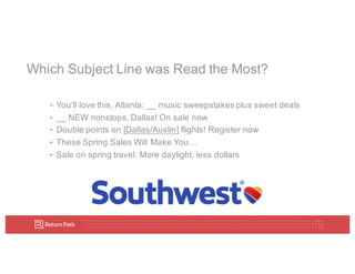 Which  Subject  Line  was  Read  the  Most?
• You’ll  love  this,  Atlanta:  __  music  sweepstakes  plus  sweet  deals
• __  NEW  nonstops,  Dallas!  On  sale  now
• Double  points  on  [Dallas/Austin] flights!  Register  now
• These  Spring  Sales  Will  Make  You…
• Sale  on  spring  travel.  More  daylight,  less  dollars
 
