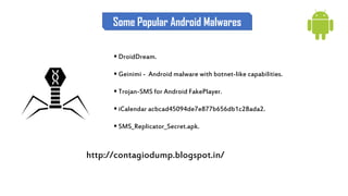 DroidDream.
 Geinimi - Android malware with botnet-like capabilities.
 Trojan-SMS for Android FakePlayer.
 iCalendar acbcad45094de7e877b656db1c28ada2.
 SMS_Replicator_Secret.apk.
http://contagiodump.blogspot.in/
Some Popular Android Malwares
 