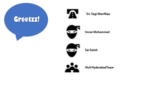 Greetzz!
Imran Mohammed
Sai Satish
Null HyderabadTeam
Sri. Sagi ManiRaju
 