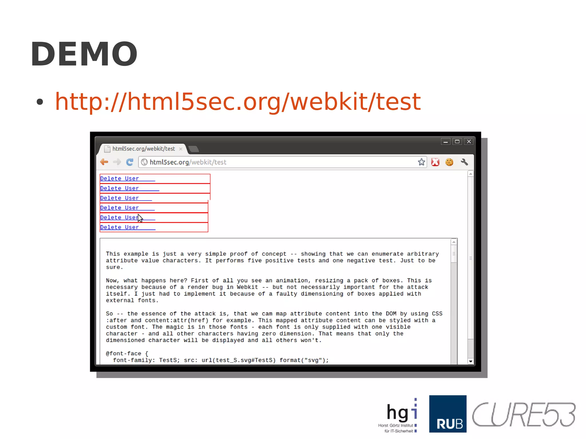 DEMO
●   http://html5sec.org/webkit/test
 