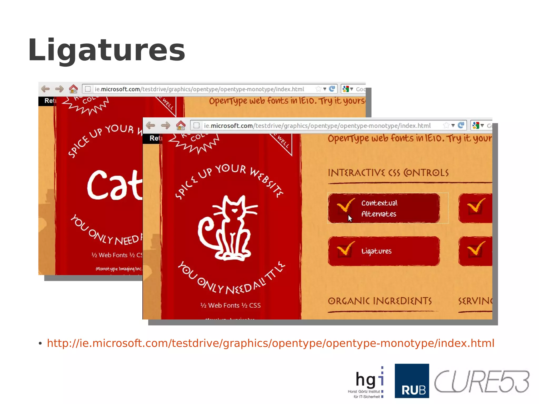 Ligatures




●   http://ie.microsoft.com/testdrive/graphics/opentype/opentype-monotype/index.html
 