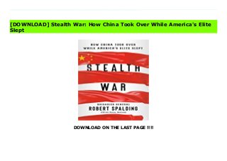 DOWNLOAD ON THE LAST PAGE !!!!
Download direct Stealth War: How China Took Over While America's Elite Slept Don't hesitate Click https://fubbookslocalcenter.blogspot.co.uk/?book=0593084349 China expert Robert Spalding reveals the shocking success China has had infiltrating American institutions and compromising our national security. The media often suggest that Russia poses the greatest threat to America's national security, but the real danger lies farther east. While those in power have been distracted and disorderly, China has waged a six-front war on America's economy, military, diplomacy, technology, education, and infrastructure--and they're winning. It's almost too late to undo the shocking, though nearly invisible, victories of the Chinese.In Stealth War, retired Air Force Brigadier General Robert Spalding reveals China's motives and secret attacks on the West. Chronicling how our leaders have failed to protect us over recent decades, he provides shocking evidence of some of China's most brilliant ploys, including:- Placing Confucius Institutes in universities across the United States that serve to monitor and control Chinese students on campus and spread communist narratives to unsuspecting American students.- Offering enormous sums to American experts who create investment funds that funnel technology to China.- Signing a thirty-year agreement with the US that allows China to share peaceful nuclear technology, ensuring that they have access to American nuclear know-how.Spalding's concern isn't merely that America could lose its position on the world stage. More urgently, the Chinese Communist Party has a fundamental loathing of the legal protections America grants its people and seeks to create a world without those rights.Despite all the damage done so far, Spalding shows how it's still possible for the U.S. and the rest of the free world to combat--and win--China's stealth war. Download Online PDF Stealth War: How China Took Over While America's Elite Slept, Read PDF Stealth War: How China Took
Over While America's Elite Slept, Read Full PDF Stealth War: How China Took Over While America's Elite Slept, Download PDF and EPUB Stealth War: How China Took Over While America's Elite Slept, Download PDF ePub Mobi Stealth War: How China Took Over While America's Elite Slept, Reading PDF Stealth War: How China Took Over While America's Elite Slept, Download Book PDF Stealth War: How China Took Over While America's Elite Slept, Read online Stealth War: How China Took Over While America's Elite Slept, Download Stealth War: How China Took Over While America's Elite Slept pdf, Read epub Stealth War: How China Took Over While America's Elite Slept, Read pdf Stealth War: How China Took Over While America's Elite Slept, Download ebook Stealth War: How China Took Over While America's Elite Slept, Read pdf Stealth War: How China Took Over While America's Elite Slept, Stealth War: How China Took Over While America's Elite Slept Online Download Best Book Online Stealth War: How China Took Over While America's Elite Slept, Read Online Stealth War: How China Took Over While America's Elite Slept Book, Read Online Stealth War: How China Took Over While America's Elite Slept E-Books, Read Stealth War: How China Took Over While America's Elite Slept Online, Download Best Book Stealth War: How China Took Over While America's Elite Slept Online, Download Stealth War: How China Took Over While America's Elite Slept Books Online Read Stealth War: How China Took Over While America's Elite Slept Full Collection, Download Stealth War: How China Took Over While America's Elite Slept Book, Download Stealth War: How China Took Over While America's Elite Slept Ebook Stealth War: How China Took Over While America's Elite Slept PDF Download online, Stealth War: How China Took Over While America's Elite Slept pdf Read online, Stealth War: How China Took Over While America's Elite Slept Read, Read Stealth War: How China Took Over While America's Elite
Slept Full PDF, Download Stealth War: How China Took Over While America's Elite Slept PDF Online, Read Stealth War: How China Took Over While America's Elite Slept Books Online, Download Stealth War: How China Took Over While America's Elite Slept Full Popular PDF, PDF Stealth War: How China Took Over While America's Elite Slept Read Book PDF Stealth War: How China Took Over While America's Elite Slept, Download online PDF Stealth War: How China Took Over While America's Elite Slept, Download Best Book Stealth War: How China Took Over While America's Elite Slept, Download PDF Stealth War: How China Took Over While America's Elite Slept Collection, Read PDF Stealth War: How China Took Over While America's Elite Slept Full Online, Download Best Book Online Stealth War: How China Took Over While America's Elite Slept, Read Stealth War: How China Took Over While America's Elite Slept PDF files, Read PDF Free sample Stealth War: How China Took Over While America's Elite Slept, Download PDF Stealth War: How China Took Over While America's Elite Slept Free access, Download Stealth War: How China Took Over While America's Elite Slept cheapest, Download Stealth War: How China Took Over While America's Elite Slept Free acces unlimited
[DOWNLOAD] Stealth War: How China Took Over While America's Elite
Slept
 