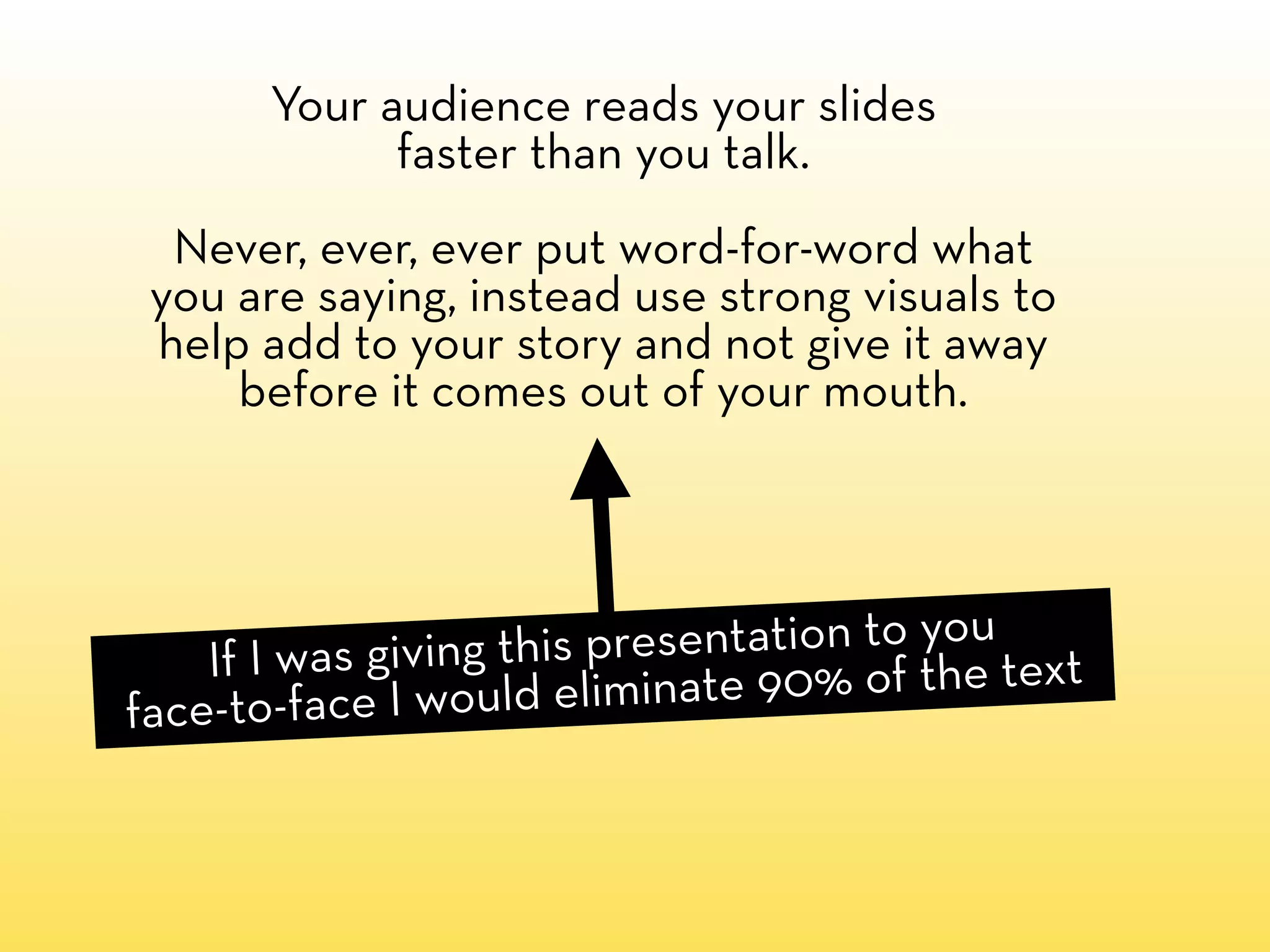 Your audience reads your slides
             faster than you talk.
  Never, ever, ever put word-for-word what
 you are saying, instead use strong visuals to
 help add to your story and not give it away
     before it comes out of your mouth.




    If I was giving this presentation to you t
face-to-face I would elim  inate 90% of the tex
 