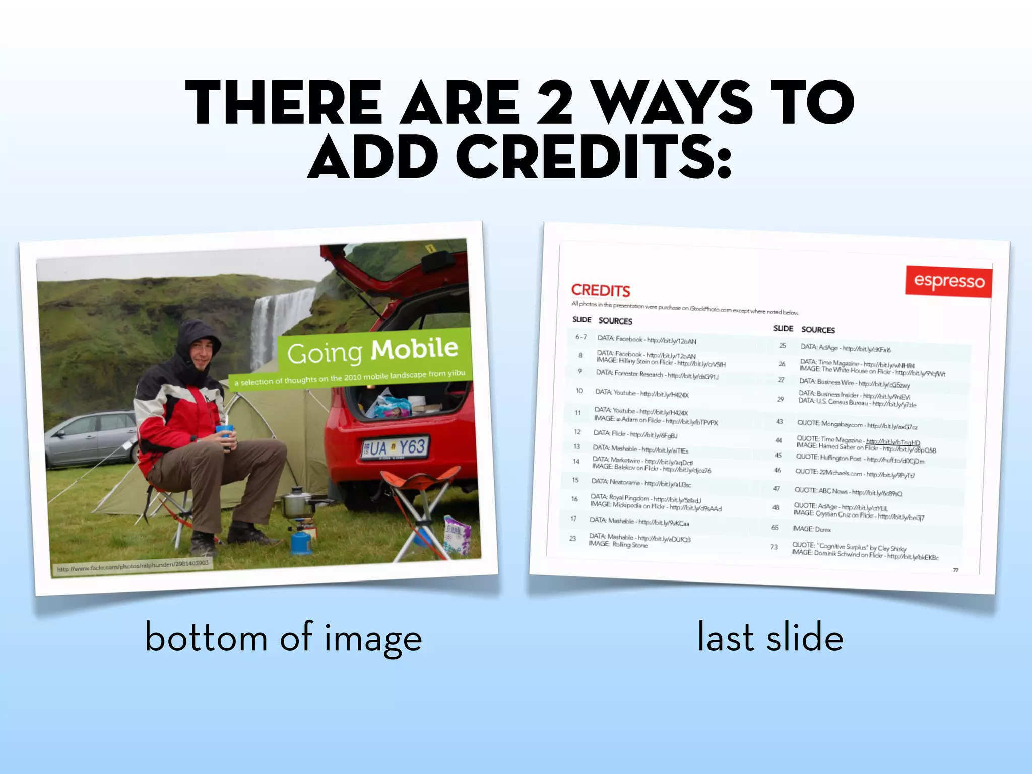 there are 2 ways to
     add credits:




bottom of image   last slide
 