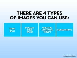 There are 4 types
of images you can use:

Your   royalty   creative
         free    commons    screenshots
own     (paid)    (free*)




                               *with conditions
 