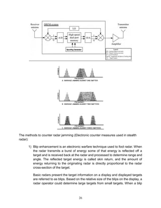 26
The methods to counter radar jamming (Electronic counter measures used in stealth
radar):
1) Blip enhancement is an electronic warfare technique used to fool radar. When
the radar transmits a burst of energy some of that energy is reflected off a
target and is received back at the radar and processed to determine range and
angle. The reflected target energy is called skin return, and the amount of
energy returning to the originating radar is directly proportional to the radar
cross-section of the target.
Basic radars present the target information on a display and displayed targets
are referred to as blips. Based on the relative size of the blips on the display, a
radar operator could determine large targets from small targets. When a blip
 