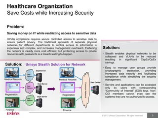 Sample Use Case…
  Healthcare Organization
  Save Costs while Increasing Security

  Problem:
  Saving money on IT while restricting access to sensitive data
  HIPAA compliance requires secure controlled access to sensitive data to
  ensure patient privacy. The traditional approach of separate physical
  networks for different departments to control access to information is
  expensive and complex, and increases management overheard. Flattening                           Solution:
  the network is clearly more cost efficient, but protecting access to private
  resources with passwords is a breach waiting to happen.                                         • Stealth enables physical networks to be
                                                                                                    collapsed and VLANs to be reduced
                                                                                                    resulting  in   significant CapEx/OpEx
                                                                                                    savings.
Solution: Unisys Stealth Solution for Network
                                                                                                  • Easy to manage user groups provide
                             Dept Server                                                            cryptographic   separation,     providing
                   Dept                                                                             increased data security and facilitating
                   Network                                                                          compliance while simplifying the security
Medical Records                               Medical Records                                       management.
                                                                                    Data Center
                              Dept Server                          Common Network
                   Dept
                                                                                                  • Servers and applications can be accessed
                   Network                                                                          only by users with corresponding
                                                                                                    “Community of Interest” (COI) keys. Non-
Registration                                     Registration                                       COI members cannot even see the
                              Dept Server                                                           systems they are not authorized to access.
                   Dept
                   Network




 Finance                                         Finance

                                                                                                  © 2012 Unisys Corporation. All rights reserved.   3
 