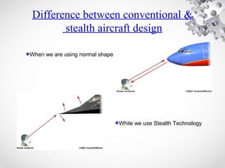 When we are using normal shape
While we use Stealth Technology
Difference between conventional &
stealth aircraft design
 