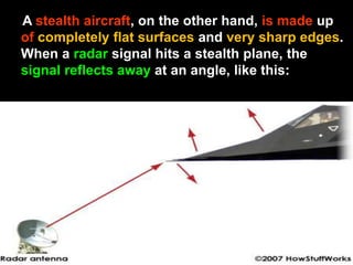 A stealth aircraft, on the other hand, is made up 
of completely flat surfaces and very sharp edges. 
When a radar signal hits a stealth plane, the 
signal reflects away at an angle, like this: 
 
