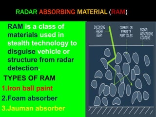 RADAR ABSORBING MATERIAL (RAM) 
RAM is a class of 
materials used in 
stealth technology to 
disguise vehicle or 
structure from radar 
detection. 
TYPES OF RAM 
1.Iron ball paint 
2.Foam absorber 
3.Jauman absorber 
 