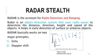 RADAR STEALTH
RADAR is the acronym for Radio Detection and Ranging.
Radar is an object-detection system that uses radio waves to
determine the distance, direction, height and speed of the
objects. It helps in early detection of surface or airborne objects.
RADAR basically works on two
major principles.
1) Echo
2) Doppler shift
24
Figure credit:
purbeckradar.org.uk
 