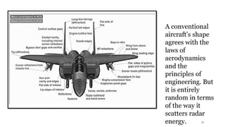 27
A conventional
aircraft’s shape
agrees with the
laws of
aerodynamics
and the
principles of
engineering. But
it is entirely
random in terms
of the way it
scatters radar
energy.
 