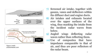 31
Figure credit :
aviationweek.com
7) Screened air intake, together with
gauzes, vanes and deflectors within
the diffuser duct and engine ducts.
8) Air intakes and exhausts located
over the upper surfaces of the
wing, thus masking the intake from
the incident radar waves from
below.
9) Angled wings deflecting radar
waves rather than reflecting them.
10)Use of composites that have
impedance comparable to that of
air, and thus are poor reflectors of
the radar beam.
 