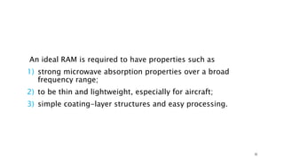 33
An ideal RAM is required to have properties such as
1) strong microwave absorption properties over a broad
frequency range;
2) to be thin and lightweight, especially for aircraft;
3) simple coating-layer structures and easy processing.
 
