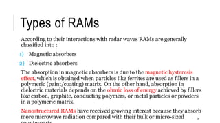 Types of RAMs
According to their interactions with radar waves RAMs are generally
classified into :
1) Magnetic absorbers
2) Dielectric absorbers
The absorption in magnetic absorbers is due to the magnetic hysteresis
effect, which is obtained when particles like ferrites are used as fillers in a
polymeric (paint/coating) matrix. On the other hand, absorption in
dielectric materials depends on the ohmic loss of energy achieved by fillers
like carbon, graphite, conducting polymers, or metal particles or powders
in a polymeric matrix.
Nanostructured RAMs have received growing interest because they absorb
more microwave radiation compared with their bulk or micro-sized 34
 