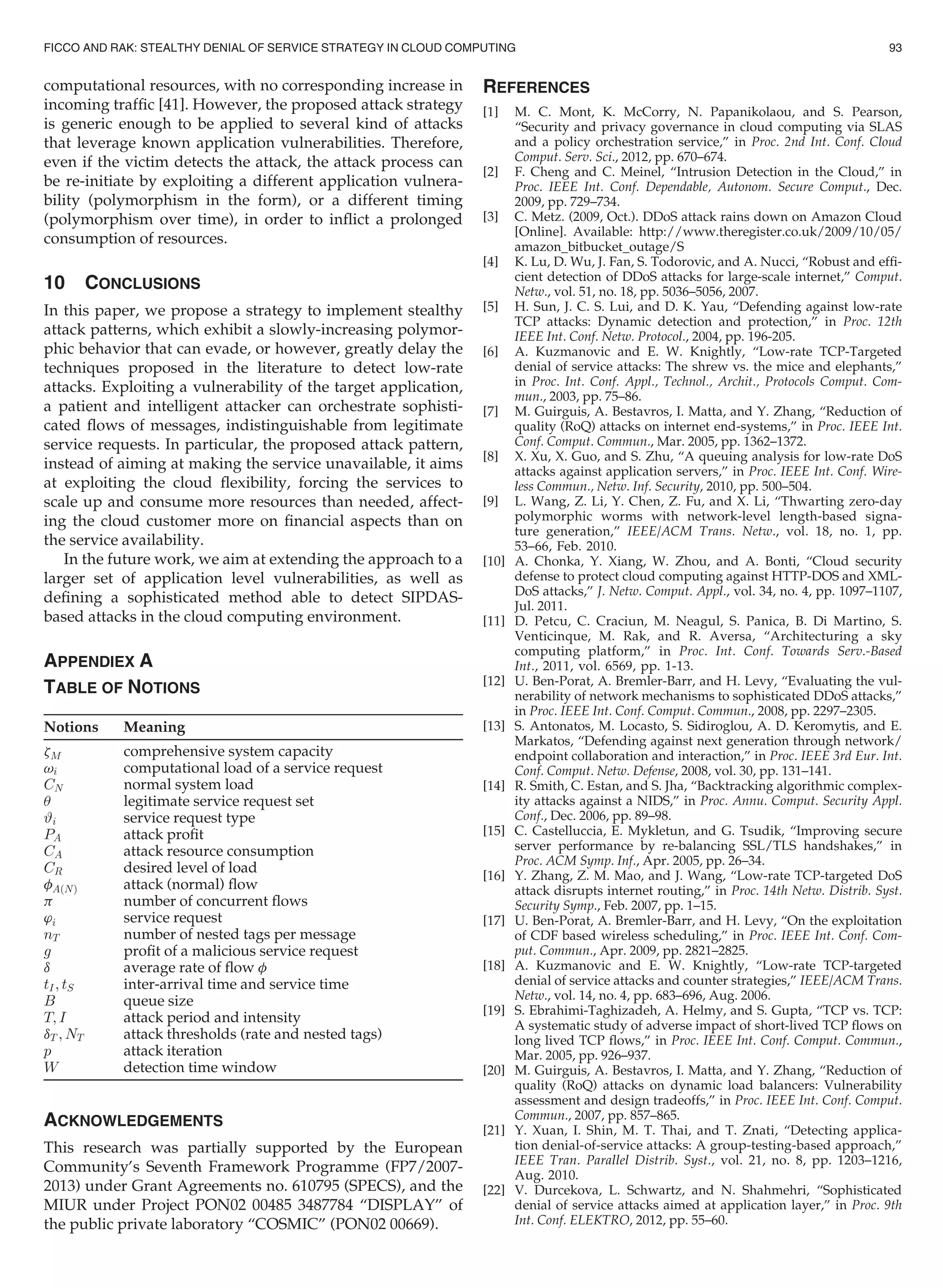 computational resources, with no corresponding increase in
incoming trafﬁc [41]. However, the proposed attack strategy
is generic enough to be applied to several kind of attacks
that leverage known application vulnerabilities. Therefore,
even if the victim detects the attack, the attack process can
be re-initiate by exploiting a different application vulnera-
bility (polymorphism in the form), or a different timing
(polymorphism over time), in order to inﬂict a prolonged
consumption of resources.
10 CONCLUSIONS
In this paper, we propose a strategy to implement stealthy
attack patterns, which exhibit a slowly-increasing polymor-
phic behavior that can evade, or however, greatly delay the
techniques proposed in the literature to detect low-rate
attacks. Exploiting a vulnerability of the target application,
a patient and intelligent attacker can orchestrate sophisti-
cated ﬂows of messages, indistinguishable from legitimate
service requests. In particular, the proposed attack pattern,
instead of aiming at making the service unavailable, it aims
at exploiting the cloud ﬂexibility, forcing the services to
scale up and consume more resources than needed, affect-
ing the cloud customer more on ﬁnancial aspects than on
the service availability.
In the future work, we aim at extending the approach to a
larger set of application level vulnerabilities, as well as
deﬁning a sophisticated method able to detect SIPDAS-
based attacks in the cloud computing environment.
APPENDIEX A
TABLE OF NOTIONS
ACKNOWLEDGEMENTS
This research was partially supported by the European
Community’s Seventh Framework Programme (FP7/2007-
2013) under Grant Agreements no. 610795 (SPECS), and the
MIUR under Project PON02 00485 3487784 “DISPLAY” of
the public private laboratory “COSMIC” (PON02 00669).
REFERENCES
[1] M. C. Mont, K. McCorry, N. Papanikolaou, and S. Pearson,
“Security and privacy governance in cloud computing via SLAS
and a policy orchestration service,” in Proc. 2nd Int. Conf. Cloud
Comput. Serv. Sci., 2012, pp. 670–674.
[2] F. Cheng and C. Meinel, “Intrusion Detection in the Cloud,” in
Proc. IEEE Int. Conf. Dependable, Autonom. Secure Comput., Dec.
2009, pp. 729–734.
[3] C. Metz. (2009, Oct.). DDoS attack rains down on Amazon Cloud
[Online]. Available: http://www.theregister.co.uk/2009/10/05/
amazon_bitbucket_outage/S
[4] K. Lu, D. Wu, J. Fan, S. Todorovic, and A. Nucci, “Robust and efﬁ-
cient detection of DDoS attacks for large-scale internet,” Comput.
Netw., vol. 51, no. 18, pp. 5036–5056, 2007.
[5] H. Sun, J. C. S. Lui, and D. K. Yau, “Defending against low-rate
TCP attacks: Dynamic detection and protection,” in Proc. 12th
IEEE Int. Conf. Netw. Protocol., 2004, pp. 196-205.
[6] A. Kuzmanovic and E. W. Knightly, “Low-rate TCP-Targeted
denial of service attacks: The shrew vs. the mice and elephants,”
in Proc. Int. Conf. Appl., Technol., Archit., Protocols Comput. Com-
mun., 2003, pp. 75–86.
[7] M. Guirguis, A. Bestavros, I. Matta, and Y. Zhang, “Reduction of
quality (RoQ) attacks on internet end-systems,” in Proc. IEEE Int.
Conf. Comput. Commun., Mar. 2005, pp. 1362–1372.
[8] X. Xu, X. Guo, and S. Zhu, “A queuing analysis for low-rate DoS
attacks against application servers,” in Proc. IEEE Int. Conf. Wire-
less Commun., Netw. Inf. Security, 2010, pp. 500–504.
[9] L. Wang, Z. Li, Y. Chen, Z. Fu, and X. Li, “Thwarting zero-day
polymorphic worms with network-level length-based signa-
ture generation,” IEEE/ACM Trans. Netw., vol. 18, no. 1, pp.
53–66, Feb. 2010.
[10] A. Chonka, Y. Xiang, W. Zhou, and A. Bonti, “Cloud security
defense to protect cloud computing against HTTP-DOS and XML-
DoS attacks,” J. Netw. Comput. Appl., vol. 34, no. 4, pp. 1097–1107,
Jul. 2011.
[11] D. Petcu, C. Craciun, M. Neagul, S. Panica, B. Di Martino, S.
Venticinque, M. Rak, and R. Aversa, “Architecturing a sky
computing platform,” in Proc. Int. Conf. Towards Serv.-Based
Int., 2011, vol. 6569, pp. 1-13.
[12] U. Ben-Porat, A. Bremler-Barr, and H. Levy, “Evaluating the vul-
nerability of network mechanisms to sophisticated DDoS attacks,”
in Proc. IEEE Int. Conf. Comput. Commun., 2008, pp. 2297–2305.
[13] S. Antonatos, M. Locasto, S. Sidiroglou, A. D. Keromytis, and E.
Markatos, “Defending against next generation through network/
endpoint collaboration and interaction,” in Proc. IEEE 3rd Eur. Int.
Conf. Comput. Netw. Defense, 2008, vol. 30, pp. 131–141.
[14] R. Smith, C. Estan, and S. Jha, “Backtracking algorithmic complex-
ity attacks against a NIDS,” in Proc. Annu. Comput. Security Appl.
Conf., Dec. 2006, pp. 89–98.
[15] C. Castelluccia, E. Mykletun, and G. Tsudik, “Improving secure
server performance by re-balancing SSL/TLS handshakes,” in
Proc. ACM Symp. Inf., Apr. 2005, pp. 26–34.
[16] Y. Zhang, Z. M. Mao, and J. Wang, “Low-rate TCP-targeted DoS
attack disrupts internet routing,” in Proc. 14th Netw. Distrib. Syst.
Security Symp., Feb. 2007, pp. 1–15.
[17] U. Ben-Porat, A. Bremler-Barr, and H. Levy, “On the exploitation
of CDF based wireless scheduling,” in Proc. IEEE Int. Conf. Com-
put. Commun., Apr. 2009, pp. 2821–2825.
[18] A. Kuzmanovic and E. W. Knightly, “Low-rate TCP-targeted
denial of service attacks and counter strategies,” IEEE/ACM Trans.
Netw., vol. 14, no. 4, pp. 683–696, Aug. 2006.
[19] S. Ebrahimi-Taghizadeh, A. Helmy, and S. Gupta, “TCP vs. TCP:
A systematic study of adverse impact of short-lived TCP ﬂows on
long lived TCP ﬂows,” in Proc. IEEE Int. Conf. Comput. Commun.,
Mar. 2005, pp. 926–937.
[20] M. Guirguis, A. Bestavros, I. Matta, and Y. Zhang, “Reduction of
quality (RoQ) attacks on dynamic load balancers: Vulnerability
assessment and design tradeoffs,” in Proc. IEEE Int. Conf. Comput.
Commun., 2007, pp. 857–865.
[21] Y. Xuan, I. Shin, M. T. Thai, and T. Znati, “Detecting applica-
tion denial-of-service attacks: A group-testing-based approach,”
IEEE Tran. Parallel Distrib. Syst., vol. 21, no. 8, pp. 1203–1216,
Aug. 2010.
[22] V. Durcekova, L. Schwartz, and N. Shahmehri, “Sophisticated
denial of service attacks aimed at application layer,” in Proc. 9th
Int. Conf. ELEKTRO, 2012, pp. 55–60.
Notions Meaning
zM comprehensive system capacity
vi computational load of a service request
CN normal system load
u legitimate service request set
#i service request type
PA attack proﬁt
CA attack resource consumption
CR desired level of load
fAðNÞ attack (normal) ﬂow
p number of concurrent ﬂows
’i service request
nT number of nested tags per message
g proﬁt of a malicious service request
d average rate of ﬂow f
tI; tS inter-arrival time and service time
B queue size
T; I attack period and intensity
dT ; NT attack thresholds (rate and nested tags)
p attack iteration
W detection time window
FICCO AND RAK: STEALTHY DENIAL OF SERVICE STRATEGY IN CLOUD COMPUTING 93
 