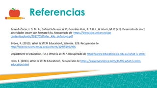 Referencias
Bravo2–Óscar, J. D. M. A., Cañizal3–Teresa, A. P., González-Ruiz, B. T. R. I., & Isturiz, M. P. (s.f.). Desarrollo de cinco
actividades steam con formato kiks. Recuperado de https://www.kiks.unican.es/wp-
content/uploads/2017/05/Taller_kiks_definitivo.pdf
Bybee, R. (2010). What Is STEM Education?, Sciencie. 329. Recuperado de
http://science.sciencemag.org/content/329/5995/996
Department of education. (s.f.). What is STEM?. Recuperado de https://www.education.wa.edu.au/what-is-stem-
Hom, E. (2014). What is STEM Education?. Recuperado de https://www.livescience.com/43296-what-is-stem-
education.html
 