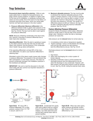 External
Check
Valve
Trap
Steam Main
Water Seal
Lift in feet
Pressure
drop over
water seal
to lift cold
condensate
Trap
4psi
3psi
2psi
1psi
1'
2'
3'
4'
5'
6'
7'
8'
9'
Trap
Inlet Pressure
or Maximum
Allowable Pressure
(MAP)
Differential Pressure or
Maximum Operating Pressure (MOP)
Back Pressure
or Vacuum
A B
Armstrong Steam and Condensate Group, 816 Maple St., Three Rivers, MI 49093 – USA Phone: (269) 273-1415 Fax: (269) 278-6555
armstronginternational.com
Trap Selection
Economical steam trap/orifice selection. While an ade-
quate safety factor is needed for best performance, too
large a factor causes problems. In addition to higher costs
for the trap and its installation, a needlessly oversized trap
wears out more quickly. And in the event of a trap failure, an
oversized trap loses more steam, which can cause water
hammer and high back pressure in the return system.
3. Pressure differential. Maximum differential is the
difference between boiler or steam main pressure or the
downstream pressure of a PRV and return line pressure.
See Fig. CG-24. The trap must be able to open against
this pressure differential.
NOTE: Because of flashing condensate in the return lines,
don’t assume a decrease in pressure differential due to
static head when elevating.
Operating differential. When the plant is operating at capaci-
ty, the steam pressure at the trap inlet may be lower than
steam main pressure. And the pressure in the condensate
return header may go above atmospheric.
If the operating differential is at least 80% of the maxi-
mum differential, it is safe to use maximum differential in
selecting traps.
Modulated control of the steam supply causes wide changes
in pressure differential. The pressure in the unit drained may
fall to atmospheric or even lower (vacuum). This does not
prevent condensate drainage if the installation practices in
this handbook are followed.
IMPORTANT: Be sure to read the discussion to the right,
which deals with less common but important reductions in
pressure differential.
4. Maximum allowable pressure. The trap must be able
to withstand the maximum allowable pressure of the
system or design pressure. It may not have to operate
at this pressure, but it must be able to contain it. As an
example, the maximum inlet pressure is 350 psig and
the return line pressure is 150 psig. This results in a
differential pressure of 200 psi; however, the trap must
be able to withstand 350 psig maximum allowable
pressure. See Fig. CG-24.
Factors Affecting Pressure Differential
Except for failures of pressure control valves, differential
pressure usually varies on the low side of the normal or
design value. Variations in either the inlet or discharge
pressure can cause this.
Inlet pressure can be reduced below its normal value by:
1. A modulating control valve or temperature regulator.
2. “Syphon drainage.” Every 2' of lift between the drainage
point and the trap reduces the inlet pressure
(and the differential) by one psi. See Fig. CG-25.
Discharge pressure can be increased above its normal
value by:
1. Pipe friction.
2. Other traps discharging into a return system of
limited capacity.
3. Elevating condensate. Every 2' of lift increases the
discharge pressure (and the differential) by one psi
when the discharge is only condensate. However, with
flash present, the extra back pressure could be reduced
to zero. See Fig. CG-26, noting the external check valve.
Figure CG-24. “A” minus “B” is
Pressure Differential: If “B” is back
pressure, subtract it from “A”. If “B”
is vacuum, add it to “A”.
Figure CG-25. Condensate from gravity
drain point is lifted to trap by a syphon.
Every 2' of lift reduces pressure differ-
ential by 1 psi. Note seal at low point
and the trap’s internal check valve to
prevent backflow.
Figure CG-26. When trap valve opens,
steam pressure will elevate conden-
sate. Every 2' of lift reduces pressure
differential by 1 psi.
Condensate Steam
CG16
21
13808 N101-Revised 2-11_838_Cons_Guide.qxd 2/3/11 12:24 PM Page CG16
 