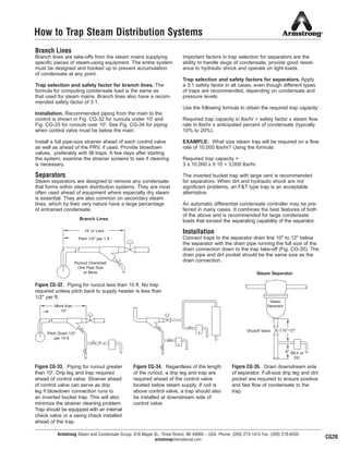 Armstrong Steam and Condensate Group, 816 Maple St., Three Rivers, MI 49093 – USA Phone: (269) 273-1415 Fax: (269) 278-6555
armstronginternational.com
How to Trap Steam Distribution Systems
Branch Lines
Branch lines are take-offs from the steam mains supplying
specific pieces of steam-using equipment. The entire system
must be designed and hooked up to prevent accumulation
of condensate at any point.
Trap selection and safety factor for branch lines. The
formula for computing condensate load is the same as
that used for steam mains. Branch lines also have a recom-
mended safety factor of 3:1.
Installation. Recommended piping from the main to the
control is shown in Fig. CG-32 for runouts under 10' and
Fig. CG-33 for runouts over 10'. See Fig. CG-34 for piping
when control valve must be below the main.
Install a full pipe-size strainer ahead of each control valve
as well as ahead of the PRV, if used. Provide blowdown
valves, preferably with IB traps. A few days after starting
the system, examine the strainer screens to see if cleaning
is necessary.
Separators
Steam separators are designed to remove any condensate
that forms within steam distribution systems. They are most
often used ahead of equipment where especially dry steam
is essential. They are also common on secondary steam
lines, which by their very nature have a large percentage
of entrained condensate.
Important factors in trap selection for separators are the
ability to handle slugs of condensate, provide good resist-
ance to hydraulic shock and operate on light loads.
Trap selection and safety factors for separators. Apply
a 3:1 safety factor in all cases, even though different types
of traps are recommended, depending on condensate and
pressure levels.
Use the following formula to obtain the required trap capacity:
Required trap capacity in lbs/hr = safety factor x steam flow
rate in lbs/hr x anticipated percent of condensate (typically
10% to 20%).
EXAMPLE: What size steam trap will be required on a flow
rate of 10,000 lbs/hr? Using the formula:
Required trap capacity =
3 x 10,000 x 0.10 = 3,000 lbs/hr.
The inverted bucket trap with large vent is recommended
for separators. When dirt and hydraulic shock are not
significant problems, an F&T type trap is an acceptable
alternative.
An automatic differential condensate controller may be pre-
ferred in many cases. It combines the best features of both
of the above and is recommended for large condensate
loads that exceed the separating capability of the separator.
Installation
Connect traps to the separator drain line 10" to 12" below
the separator with the drain pipe running the full size of the
drain connection down to the trap take-off (Fig. CG-35). The
drain pipe and dirt pocket should be the same size as the
drain connection.
Figure CG-33. Piping for runout greater
than 10'. Drip leg and trap required
ahead of control valve. Strainer ahead
of control valve can serve as drip
leg if blowdown connection runs to
an inverted bucket trap. This will also
minimize the strainer cleaning problem.
Trap should be equipped with an internal
check valve or a swing check installed
ahead of the trap.
Figure CG-34. Regardless of the length
of the runout, a drip leg and trap are
required ahead of the control valve
located below steam supply. If coil is
above control valve, a trap should also
be installed at downstream side of
control valve.
Figure CG-35. Drain downstream side
of separator. Full-size drip leg and dirt
pocket are required to ensure positive
and fast flow of condensate to the
trap.
Figure CG-32. Piping for runout less than 10 ft. No trap
required unless pitch back to supply header is less than
1/2'' per ft.
10' or Less
Pitch 1/2'' per 1 ft
Runout Oversized
One Pipe Size
or More
CG20
More than
10'
Pitch Down 1/2''
per 10 ft
Steam
Separator
Shutoff Valve 10''-12''
IBLV or
DC
Steam Separator
Branch Lines
6''
25
13808 N101-Revised 2-11_838_Cons_Guide.qxd 2/3/11 12:24 PM Page CG20
 