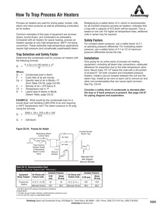 Armstrong Steam and Condensate Group, 816 Maple St., Three Rivers, MI 49093 – USA Phone: (269) 273-1415 Fax: (269) 278-6555
armstronginternational.com
How To Trap Process Air Heaters
Process air heaters are used for drying paper, lumber, milk,
starch and other products as well as preheating combustion
air for boilers.
Common examples of this type of equipment are process
dryers, tunnel dryers, and combustion air preheaters.
Compared with air heaters for space heating, process air
heaters operate at very high temperature, 500°F not being
uncommon. These extremely high-temperature applications
require high pressure (and occasionally superheated) steam.
Trap Selection and Safety Factor
Determine the condensate load for process air heaters with
the following formula:
Q =
Where:
Q = Condensate load in lbs/hr
F = Cubic feet of air per minute
Cp = Specific heat of air in Btu/lb—°F
(from Table CG-34, page CG-55)
d = Density of air—.075 lbs/cu ft
∆T = Temperature rise in °F
H = Latent heat of steam in Btu/lb
(Steam Table, page CG-3)
EXAMPLE: What would be the condensate load on a
tunnel dryer coil handling 2,000 CFM of air and requiring
a 100°F temperature rise? The steam pressure is 45 psig.
Using the formula:
Q =
Q = 236 lbs/hr
Multiplying by a safety factor of 2—which is recommended
for all constant pressure process air heaters—indicates that
a trap with a capacity of 472 lbs/hr will be required. This is
based on one coil. For higher air temperature rises, additional
coils in series may be required.
Safety Factors
For constant steam pressure, use a safety factor of 2:1
at operating pressure differential. For modulating steam
pressure, use a safety factor of 3:1 at 1/2 of maximum
pressure differential across the trap.
Installation
Give piping for an entire piece of process air heating
equipment—including all steam trap connections—adequate
allowance for expansion due to the wide temperature varia-
tions. Mount traps 10"-12" below the coils with a dirt pocket
of at least 6". On both constant and modulated pressure
heaters, install a vacuum breaker between the coil and the
steam trap. Install an air vent on each coil to remove air and
other non-condensables that can cause rapid corrosion.
See Fig. CG-44.
Consider a safety drain if condensate is elevated after
the trap or if back pressure is present. See page CG-47
for piping diagram and explanation.
F x Cp x d x 60 min/hr x ∆T
H
2000 x .24 x .075 x 60 x 100
915
Figure CG-44. Process Air Heater
Vacuum
Breaker
Air Vent
Air Vent
Alternate F&T
with Integral
Vacuum Breaker
Trap Draining
Strainer Ahead
of Modulating
Steam Control
Valve
Modulating Steam
Control Valve
Inverted Bucket
Steam Trap
Chart CG-13. Recommendation Chart
(See Page CG-2 for “Feature Code” References.)
0-30
psig
Above
30 psig
0-30 psig
Above
30 psig
A, B, F, I, K, M IB IB B, C, G, H, L F&T *F&T
Alternate Choice F&T IBLV Alternate Choice IBLV IBLV
1st Choice and
Feature Code
1st Choice and
Feature Code
Equipment
Being Trapped
2. Do not use F&T traps on superheated steam.
*Use IBLV above F&T pressure temperature limitations.
PLEASE NOTE:
1. Provide vacuum breaker wherever subatmospheric pressures occur.
Process Air
Constant Pressure Variable Pressure
CG28
Heaters
33
13808 N101-Revised 2-11_838_Cons_Guide.qxd 2/3/11 12:25 PM Page CG28
 