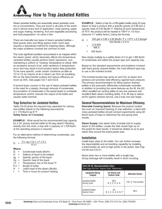 How to Trap Jacketed Kettles
Steam jacketed kettles are essentially steam jacketed cook-
ers or concentrators. They are found in all parts of the world
and in almost every kind of application: meat packing, paper
and sugar making, rendering, fruit and vegetable processing
and food preparation—to name a few.
There are basically two types of steam jacketed kettles—
fixed gravity drain and tilting syphon drain. Each type
requires a specialized method for trapping steam, although
the major problems involved are common to both.
The most significant problem encountered is air trapped within
the steam jacket, which adversely affects the temperature.
Jacketed kettles usually perform batch operations, and
maintaining a uniform or “cooking” temperature is critical. With
an excessive amount of air, wide variations in temperature
occur and may result in burnt product and/or slow production.
To be more specific, under certain conditions as little as
1/2 of 1% by volume of air in steam can form an insulating
film on the heat transfer surface and reduce efficiency as
much as 50%. See pages CG-7 and CG-8.
A second basic concern in the use of steam jacketed kettles
is the need for a steady, thorough removal of condensate.
Accumulation of condensate in the jacket leads to unreliable
temperature control, reduces the output of the kettle and
causes water hammer.
Trap Selection for Jacketed Kettles
Table CG-25 gives the required trap capacities for various
size kettles based on the following assumptions:
U = 175 Btu/hr-sq ft-°F
Safety factor of 3 included.
EXAMPLE: What would be the recommended trap capacity
for a 34" gravity drained kettle at 40 psig steam? Reading
directly from the chart, a trap with a capacity of 1,704 lbs/hr
at the operating pressure is required.
For an alternative method of determining condensate, use
the following formula:
Q =
Where:
Q = Condensate loads (lbs/hr)
G = Gallons of liquid to be heated
sg = Specific gravity of the liquid
Cp = Specific heat of the liquid
∆T = Temperature rise of the liquid °F
8.3 = lbs/gal of water
H = Latent heat of the steam (Btu/lb)
t = Time in hours for product heating
EXAMPLE: Select a trap for a 250-gallon kettle using 25 psig
steam to heat a product with a specific gravity of 0.98 and a
specific heat of 0.95 Btu/lb-°F. Starting at room temperature
of 70°F, the product will be heated to 180°F in 1/2 hour.
(Assume 3:1 safety factor.) Using the formula:
Q =
=
= 455 lbs/hr
Now simply multiply by a safety factor of 3 to get 1,365 lbs/hr
of condensate and select the proper type and capacity trap.
Based on the standard requirements and problems involved
with fixed gravity drained kettles, the most efficient type trap
to use is the inverted bucket.
The inverted bucket trap vents air and CO2 at steam tem-
perature and provides total efficiency against back pressure.
The primary recommendation for tilting syphon drained
kettles is the automatic differential condensate controller.
In addition to providing the same features as the IB, the DC
offers excellent air venting ability at very low pressure and
excellent flash steam handling ability. If an IB trap is select-
ed for syphon drained service, use a trap one size larger.
General Recommendations for Maximum Efficiency
Desirable Cooking Speed. Because the product cooked
has such an important bearing on trap selection, a plant with
many jacketed kettles should conduct experiments using dif-
ferent sizes of traps to determine the size giving best
results.
Steam Supply. Use steam lines of ample size to supply
steam to the kettles. Locate the inlet nozzle high up on
the jacket for best results. It should be slotted so as to give
steam flow around the entire jacket area.
Installation
Install traps close to the kettle. You can further increase
the dependability and air-handling capability by installing
a thermostatic air vent at high points in the jacket. See Figs.
CG-50 and CG-51.
Never drain two or more kettles with a single trap.
Group drainage will invariably result in short circuiting.
Armstrong Steam and Condensate Group, 816 Maple St., Three Rivers, MI 49093 – USA Phone: (269) 273-1415 Fax: (269) 278-6555
armstronginternational.com
G x sg x Cp x ∆T x 8.3
H x t
250 gal x 0.98 x 0.95 Btu/lb-°F x 110°F x 8.3 lbs/gal
933 Btu/lb x 0.5 hr
212,500
466.5
Equipment Being
Trapped
1st Choice and
Feature Code
Alternate Choice
Jacketed Kettles
Gravity Drain
IBLV
B, C, E, H, K, N
F&T or Thermostatic
Jacketed Kettles
Syphon Drain
DC
B, C, E, G, H, K, N, P
IBLV
Chart CG-18. Recommendation Chart
(See Page CG-2 for “Feature Code” References.)
CG35
40
13808 N101-Revised 2-11_838_Cons_Guide.qxd 2/3/11 12:25 PM Page CG35
 