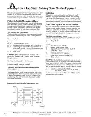 How to Trap Closed, Stationary Steam Chamber Equipment
Closed, stationary steam chamber equipment includes platen
presses for the manufacture of plywood and other sheet
products, steam jacketed molds for rubber and plastic parts,
autoclaves for curing and sterilizing and retorts for cooking.
Product Confined in Steam Jacketed Press
Molded plastic and rubber products such as battery cases,
toys, fittings and tires are formed and cured, and plywood
is compressed and glue-cured in equipment of this type.
Laundry flatwork ironers are a specialized form of press
with a steam chamber on one side of the product only.
Trap Selection and Safety Factor
The condensate load for closed, stationary steam chamber
equipment is determined by use of the following formula:
Q = A x R x S
Where:
Q = Condensate load in lbs/hr
A = Total area of platen in contact with product in sq ft
R = Condensing rate in lbs/sq ft-hr (For purposes of
sizing steam traps, a 3 lbs/sq ft-hr condensing rate
may be used)
S = Safety factor
EXAMPLE: What is the condensate load for a mid
platen on a press with 2' x 3' platens, upper and lower?
Using the formula:
Q = 12 sq ft x 3 lbs/sq ft-hr x 3 = 108 lbs/hr
End platens would have half this load.
The safety factor recommended for all equipment
of this type is 3:1.
The inverted bucket trap is the recommended first choice
on steam jacketed chambers, dryers and ironers because
it can purge the system, resist hydraulic shock and con-
serve energy. Disc and thermostatic type traps may be
acceptable alternatives.
Installation
Although the condensate load on each platen is small,
individual trapping is essential to prevent short circuiting,
Fig. CG-52. Individual trapping ensures maximum and uni-
form temperature for a given steam pressure by efficiently
draining the condensate and purging the non-condensables.
Direct Steam Injection Into Product Chamber
This type of equipment combines steam with the product
in order to cure, sterilize or cook. Common examples are
autoclaves used in the production of rubber and plastic
products, sterilizers for surgical dressings and gowns, and
retorts for cooking food products already sealed in cans.
Trap Selection and Safety Factor
Calculate the condensate load using the following formula:
Q =
Where:
Q = Condensate load in lbs/hr
W = Weight of the material in lbs
C = Specific heat of the material in Btu/lb-°F
(See page CG-55)
∆T = Material temperature rise in °F
H = Latent heat of steam in Btu/lb
(See Steam Tables on page CG-3)
t = Time in hours
EXAMPLE: What will be the condensate load on an auto-
clave containing 300 lbs of rubber product which must be
raised to a temperature of 300°F from a starting temperature
of 70°F? The autoclave operates at 60 psig steam pressure
and the heat-up process takes 20 minutes. Using the formula:
Q = = 96 lbs/hr
Multiply by a recommended safety factor of 3:1 to get the
required capacity—288 lbs/hr.
Armstrong Steam and Condensate Group, 816 Maple St., Three Rivers, MI 49093 – USA Phone: (269) 273-1415 Fax: (269) 278-6555
armstronginternational.com
Figure CG-52. Product Confined In Steam Jacketed Press
W x C x ∆T
H x t
300 lbs x .42 Btu/lb-°F x 230°F
904 Btu/lb x .33 hr
Strainer
Valve
Steam
Trap
Condensate
Discharge
Steam Trap
CG37
42
13808 N101-Revised 2-11_838_Cons_Guide.qxd 2/3/11 12:25 PM Page CG37
 
