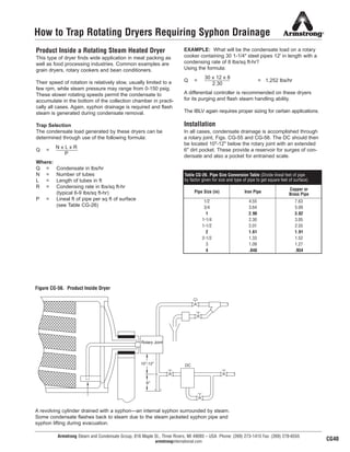 Armstrong Steam and Condensate Group, 816 Maple St., Three Rivers, MI 49093 – USA Phone: (269) 273-1415 Fax: (269) 278-6555
armstronginternational.com
How to Trap Rotating Dryers Requiring Syphon Drainage
Product Inside a Rotating Steam Heated Dryer
This type of dryer finds wide application in meat packing as
well as food processing industries. Common examples are
grain dryers, rotary cookers and bean conditioners.
Their speed of rotation is relatively slow, usually limited to a
few rpm, while steam pressure may range from 0-150 psig.
These slower rotating speeds permit the condensate to
accumulate in the bottom of the collection chamber in practi-
cally all cases. Again, syphon drainage is required and flash
steam is generated during condensate removal.
Trap Selection
The condensate load generated by these dryers can be
determined through use of the following formula:
Q =
Where:
Q = Condensate in lbs/hr
N = Number of tubes
L = Length of tubes in ft
R = Condensing rate in lbs/sq ft-hr
(typical 6-9 lbs/sq ft-hr)
P = Lineal ft of pipe per sq ft of surface
(see Table CG-26)
EXAMPLE: What will be the condensate load on a rotary
cooker containing 30 1-1/4" steel pipes 12' in length with a
condensing rate of 8 lbs/sq ft-hr?
Using the formula:
Q = = 1,252 lbs/hr
A differential controller is recommended on these dryers
for its purging and flash steam handling ability.
The IBLV again requires proper sizing for certain applications.
Installation
In all cases, condensate drainage is accomplished through
a rotary joint, Figs. CG-55 and CG-56. The DC should then
be located 10"-12" below the rotary joint with an extended
6" dirt pocket. These provide a reservoir for surges of con-
densate and also a pocket for entrained scale.
N x L x R
P
30 x 12 x 8
2.30
Figure CG-56. Product Inside Dryer
A revolving cylinder drained with a syphon—an internal syphon surrounded by steam.
Some condensate flashes back to steam due to the steam jacketed syphon pipe and
syphon lifting during evacuation.
Rotary Joint
DC
Pipe Size (in) Iron Pipe
Copper or
Brass Pipe
1/2 4.55 7.63
3/4 3.64 5.09
1 2.90 3.82
1-1/4 2.30 3.05
1-1/2 2.01 2.55
2 1.61 1.91
2-1/2 1.33 1.52
3 1.09 1.27
4 .848 .954
Table CG-26. Pipe Size Conversion Table (Divide lineal feet of pipe
by factor given for size and type of pipe to get square feet of surface)
CG40
10''-12''
6''
45
13808 N101-Revised 2-11_838_Cons_Guide.qxd 2/3/11 12:25 PM Page CG40
 
