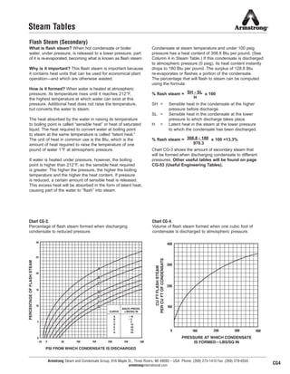400
300
200
100
0 100 200 300 400
PRESSURE AT WHICH CONDENSATE
IS FORMED—LBS/SQ IN
CUFTFLASHSTEAM
PERCUFTOFCONDENSATE
30
0
5
10
15
20
25
–20 300250200150100500
PERCENTAGEOFFLASHSTEAM
PSI FROM WHICH CONDENSATE IS DISCHARGED
CURVE
BACK PRESS.
LBS/SQ IN
A
B
C
D
E
F
G
10
5
0
10
20
30
40
–
–
B
C
D
E
F
A
G
Armstrong Steam and Condensate Group, 816 Maple St., Three Rivers, MI 49093 – USA Phone: (269) 273-1415 Fax: (269) 278-6555
armstronginternational.com
Steam Tables
Flash Steam (Secondary)
What is flash steam? When hot condensate or boiler
water, under pressure, is released to a lower pressure, part
of it is re-evaporated, becoming what is known as flash steam.
Why is it important? This flash steam is important because
it contains heat units that can be used for economical plant
operation—and which are otherwise wasted.
How is it formed? When water is heated at atmospheric
pressure, its temperature rises until it reaches 212°F,
the highest temperature at which water can exist at this
pressure. Additional heat does not raise the temperature,
but converts the water to steam.
The heat absorbed by the water in raising its temperature
to boiling point is called “sensible heat” or heat of saturated
liquid. The heat required to convert water at boiling point
to steam at the same temperature is called “latent heat.”
The unit of heat in common use is the Btu, which is the
amount of heat required to raise the temperature of one
pound of water 1°F at atmospheric pressure.
If water is heated under pressure, however, the boiling
point is higher than 212°F, so the sensible heat required
is greater. The higher the pressure, the higher the boiling
temperature and the higher the heat content. If pressure
is reduced, a certain amount of sensible heat is released.
This excess heat will be absorbed in the form of latent heat,
causing part of the water to “flash” into steam.
Condensate at steam temperature and under 100 psig
pressure has a heat content of 308.8 Btu per pound. (See
Column 4 in Steam Table.) If this condensate is discharged
to atmospheric pressure (0 psig), its heat content instantly
drops to 180 Btu per pound. The surplus of 128.8 Btu
re-evaporates or flashes a portion of the condensate.
The percentage that will flash to steam can be computed
using the formula:
% flash steam = x 100
SH = Sensible heat in the condensate at the higher
pressure before discharge.
SL = Sensible heat in the condensate at the lower
pressure to which discharge takes place.
H = Latent heat in the steam at the lower pressure
to which the condensate has been discharged.
% flash steam = x 100 =13.3%
Chart CG-3 shows the amount of secondary steam that
will be formed when discharging condensate to different
pressures. Other useful tables will be found on page
CG-53 (Useful Engineering Tables).
SH - SL
H
308.8 - 180
970.3
Chart CG-3.
Percentage of flash steam formed when discharging
condensate to reduced pressure.
Chart CG-4.
Volume of flash steam formed when one cubic foot of
condensate is discharged to atmospheric pressure.
CG4
9
13808 N101-Revised 2-11_838_Cons_Guide.qxd 2/3/11 12:24 PM Page CG4
 