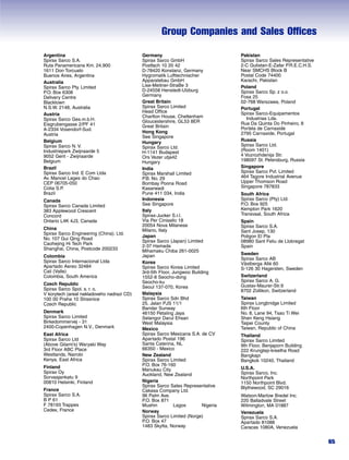 Group Companies and Sales Offices
65
Argentina
Spirax Sarco S.A.
Ruta Panamericana Km. 24,900
1611 Don Torcuato
Buenos Aires, Argentina
Australia
Spirax Sarco Pty. Limited
P.O. Box 6308
Delivery Centre
Blacktown
N.S.W. 2148, Australia
Austria
Spirax Sarco Ges.m.b.H.
Eisgrubengasse 2/PF 41
A-2334 Vosendorf-Sud.
Austria
Belgium
Spirax Sarco N. V.
Industriepark Zwijnaarde 5
9052 Gent - Zwijnaarde
Belgium
Brazil
Spirax Sarco Ind. E Com Ltda
Av. Mancel Lages do Chao
CEP 06705-050
Cotia S.P.
Brazil
Canada
Spirax Sarco Canada Limited
383 Applewood Crescent
Concord
Ontario L4K 4J3, Canada
China
Spirax Sarco Engineering (China). Ltd.
No. 107 Gui Qing Road
Caohejing Hi Tech Park
Shanghai, China, Postcode 200233
Colombia
Spirax Sarco Internacional Ltda
Apartado Aereo 32484
Cali (Valle)
Colombia, South America
Czech Republic
Spirax Sarco Spol. s. r. o.
V korytech (areal nakladoveho nadrazi CD)
100 00 Praha 10 Strasnice
Czech Republic
Denmark
Spirax Sarco Limited
Birkedommervej - 31
2400-Copenhagen N.V., Denmark
East Africa
Spirax Sarco Ltd
(Above Gilami’s) Waryaki Way
3rd Floor ABC Place
Westlands, Nairobi
Kenya, East Africa
Finland
Spirax Oy
Sorvaajankatu 9
00810 Helsinki, Finland
France
Spirax Sarco S.A.
B P 61
F 78193 Trappes
Cedex, France
Germany
Spirax Sarco GmbH
Postfach 10 20 42
D-78420 Konstanz, Germany
Hygromatik Lufttechnischer
Apparatebau GmbH
Lise-Meitner-StraBe 3
D-24558 Henstedt-Ulzburg
Germany
Great Britain
Spirax Sarco Limited
Head Office
Charlton House, Cheltenham
Gloucestershire, GL53 8ER
Great Britain
Hong Kong
See Singapore
Hungary
Spirax Sarco Ltd.
H-1141 Budapest
Ors Vezer utja42
Hungary
India
Spirax Marshall Limited
P.B. No. 29
Bombay Poona Road
Kasarwadi
Pune 411 034, India
Indonesia
See Singapore
Italy
Spirax-Jucker S.r.l.
Via Per Cinisello 18
20054 Nova Milanese
Milano, Italy
Japan
Spirax Sarco (Japan) Limited
2-37 Hamada
Mihamaku Chiba 261-0025
Japan
Korea
Spirax Sarco Korea Limited
3rd-5th Floor, Jungwoo Building
1552-8 Seocho-dong
Seocho-ku
Seoul 137-070, Korea
Malaysia
Spirax Sarco Sdn Bhd
25, Jalan PJS 11/1
Bandar Sunway
46150 Petaling Jaya
Selangor Darul Ehsan
West Malaysia
Mexico
Spirax Sarco Mexicana S.A. de CV
Apartado Postal 196
Santa Caterina, NL
66350 - Mexico
New Zealand
Spirax Sarco Limited
P.O. Box 76-160
Manukau City
Auckland, New Zealand
Nigeria
Spirax Sarco Sales Representative
Cakasa Company Ltd.
96 Palm Ave.
P.O. Box 871
Mushin Lagos Nigeria
Norway
Spirax Sarco Limited (Norge)
P.O. Box 47
1483 Skytta, Norway
Pakistan
Spirax Sarco Sales Representative
2-C Gulistan-E-Zafar P.R.E.C.H.S.
Near SMCHS Block B
Postal Code 74400
Karachi, Pakistan
Poland
Spirax Sarco Sp. z o.o.
Fosa 25
02-768 Warszawa, Poland
Portugal
Spirax Sarco-Equipamentos
Industrias Lda.
Rua Da Quinta Do Pinheiro, 8
Portela de Carnaxide
2795 Carnaxide, Portugal
Russia
Spirax Sarco Ltd.
(Room 1401)
4 Vozrozhdenija Str.
198097 St. Petersburg, Russia
Singapore
Spirax Sarco Pvt. Limited
464 Tagore Industrial Avenue
Upper Thomson Road
Singapore 787833
South Africa
Spirax Sarco (Pty) Ltd.
P.O. Box 925
Kempton Park 1620
Transvaal, South Africa
Spain
Spirax Sarco S.A.
Sant Josep, 130
Poligon El Pla
08980 Sant Feliu de Llobregat
Spain
Sweden
Spirax Sarco AB
Västberga Allé 60
S-126 30 Hagersten, Sweden
Switzerland
Spirax Sarco A. G.
Gustav-Maurer-Str.9
8702 Zollikon, Switzerland
Taiwan
Spirax Longbridge Limited
6th Floor
No. 8, Lane 94, Tsao Ti Wei
Shen Keng Hsiang
Taipei County
Taiwan, Republic of China
Thailand
Spirax Sarco Limited
9th Floor, Benjaporn Building
222 Krungtep-kreetha Road
Bangkapi
Bangkok 10240, Thailand
U.S.A.
Spirax Sarco, Inc.
Northpoint Park
1150 Northpoint Blvd.
Blythewood, SC 29016
Watson-Marlow Bredel Inc.
220 Balladvale Street
Wilmington, MA 01887
Venezuela
Spirax Sarco S.A.
Apartado 81088
Caracas 1080A, Venezuela
 