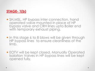 STAGE- 1(b) 
 SH,MSL, HP bypass inter connection, hand 
operated valve mounted in place of HP 
bypass valve and CRH lines upto Boiler end 
with temporary exhaust piping. 
 In this stage 6 to 8 blows will be given through 
HP bypass lines to ensure cleanliness of the 
limb. 
 EOTV will be kept closed. Manually Operated 
Isolation Valves in HP bypass lines will be kept 
opened fully. 
 