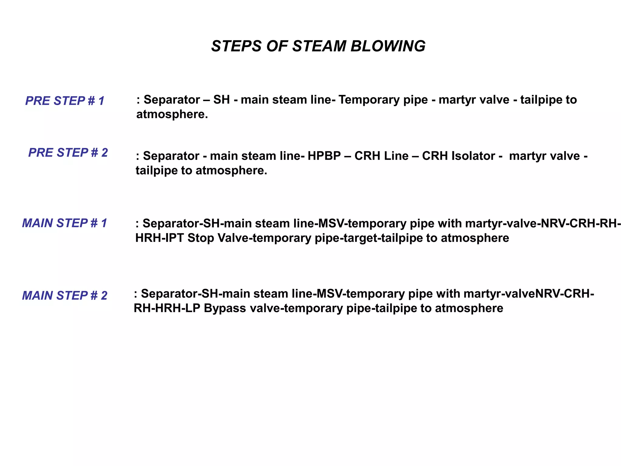 STEPS OF STEAM BLOWING
PRE STEP # 1 : Separator – SH - main steam line- Temporary pipe - martyr valve - tailpipe to
atmosphere.
PRE STEP # 2 : Separator - main steam line- HPBP – CRH Line – CRH Isolator - martyr valve -
tailpipe to atmosphere.
MAIN STEP # 1
: Separator-SH-main steam line-MSV-temporary pipe with martyr-valveNRV-CRH-
RH-HRH-LP Bypass valve-temporary pipe-tailpipe to atmosphere
MAIN STEP # 2
: Separator-SH-main steam line-MSV-temporary pipe with martyr-valve-NRV-CRH-RH-
HRH-IPT Stop Valve-temporary pipe-target-tailpipe to atmosphere
 