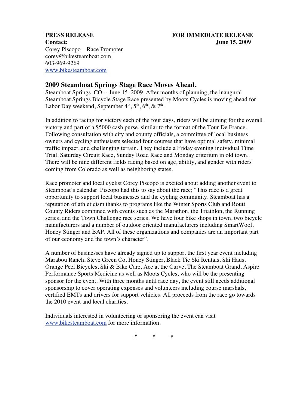 Steamboat Springs Stage Race Press Release