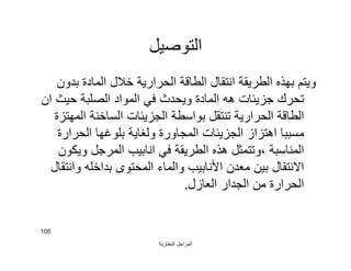 ‫اﻟﺒﺨﺎرﯾﺔ‬ ‫اﻟﻤﺮاﺟﻞ‬
105
‫اﻟﺘﻮﺻﯿﻞ‬
‫ﺑﺪون‬ ‫اﻟﻤﺎدة‬ ‫ﺧﻼل‬ ‫اﻟﺤﺮارﯾﺔ‬ ‫اﻟﻄﺎﻗﺔ‬ ‫اﻧﺘﻘﺎل‬ ‫اﻟﻄﺮﯾﻘﺔ‬ ‫ﺑﮭﺬه‬ ‫وﯾﺘﻢ‬
‫ان‬ ‫ﺣﯿﺚ‬ ‫اﻟﺼﻠﺒﺔ‬ ‫اﻟﻤﻮاد‬ ‫ﻓﻲ‬ ‫وﯾﺤﺪث‬ ‫اﻟﻤﺎدة‬ ‫ھﮫ‬ ‫ﺟﺰﯾﺌﺎت‬ ‫ﺗﺤﺮك‬
‫اﻟﻤﮭﺘﺰة‬ ‫اﻟﺴﺎﺧﻨﺔ‬ ‫اﻟﺠﺰﯾﺌﺎت‬ ‫ﺑﻮاﺳﻄﺔ‬ ‫ﺗﻨﺘﻘﻞ‬ ‫اﻟﺤﺮارﯾﺔ‬ ‫اﻟﻄﺎﻗﺔ‬
‫اﻟﺤﺮارة‬ ‫ﺑﻠﻮﻏﮭﺎ‬ ‫وﻟﻐﺎﯾﺔ‬ ‫اﻟﻤﺠﺎورة‬ ‫اﻟﺠﺰﯾﺌﺎت‬ ‫اھﺘﺰاز‬ ‫ﻣﺴﺒﺒﺎ‬
‫وﯾﻜﻮن‬ ‫اﻟﻤﺮﺟﻞ‬ ‫اﻧﺎﺑﯿﺐ‬ ‫ﻓﻲ‬ ‫اﻟﻄﺮﯾﻘﺔ‬ ‫ھﺬه‬ ‫،وﺗﺘﻤﺜﻞ‬ ‫اﻟﻤﻨﺎﺳﺒﺔ‬
‫واﻧﺘﻘﺎل‬ ‫ﺑﺪاﺧﻠﮫ‬ ‫اﻟﻤﺤﺘﻮى‬ ‫واﻟﻤﺎء‬ ‫اﻷﻧﺎﺑﯿﺐ‬ ‫ﻣﻌﺪن‬ ‫ﺑﯿﻦ‬ ‫اﻻﻧﺘﻘﺎل‬
‫اﻟﻌﺎزل‬ ‫اﻟﺠﺪار‬ ‫ﻣﻦ‬ ‫اﻟﺤﺮارة‬.
 